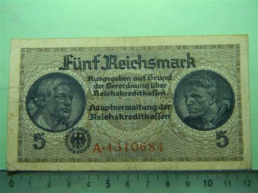 5 рейхсмарок, funf,Германия,оккупационные марки,1939-45г.,VF
