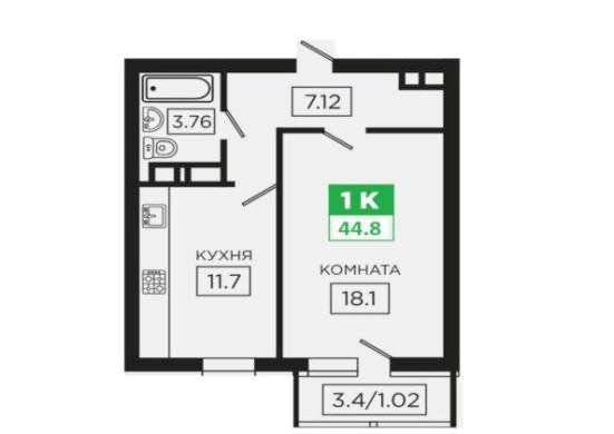 Продам однокомнатную квартиру в Краснодар.Жилая площадь 44  кв.м.Этаж 3.Дом кирпичный. в Краснодаре фото 3