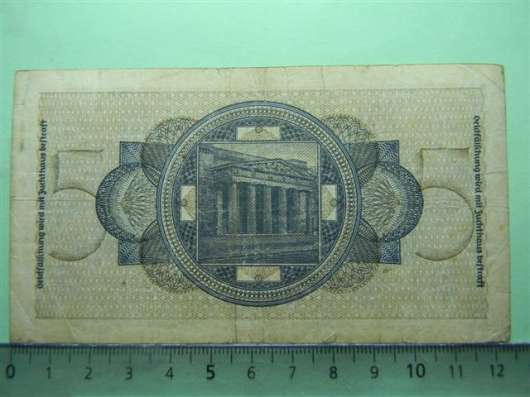 5 рейхсмарок, funf,Германия,оккупационные марки,1939-45г.,VF